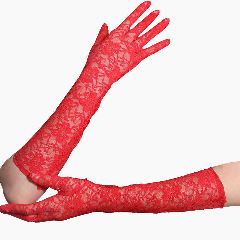 Red floral lace gloves, long and elegant, perfect for adding a touch of mystery to any outfit.