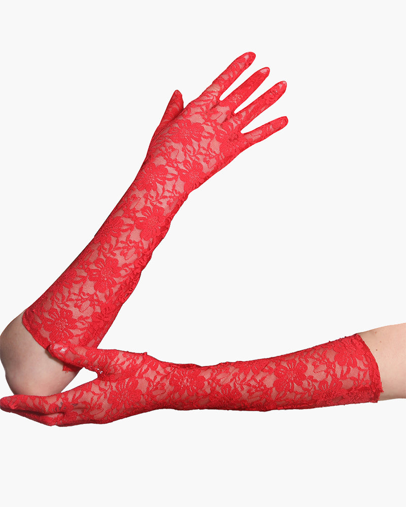 Red floral lace gloves, long and elegant, perfect for adding a touch of mystery to any outfit.
