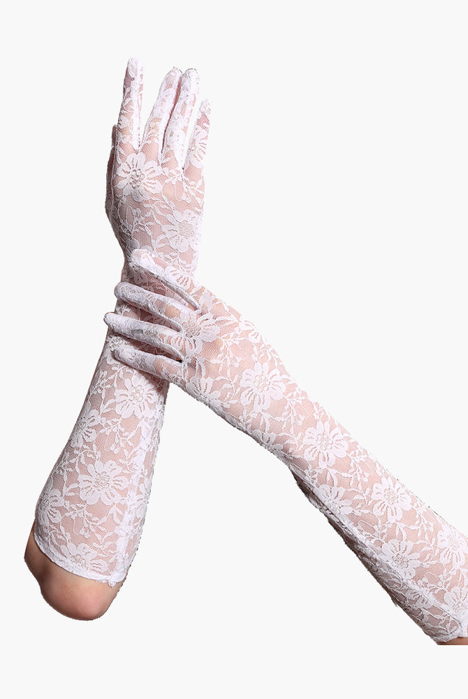 White floral lace gloves, long and elegant, perfect for adding a touch of mystery to any outfit.