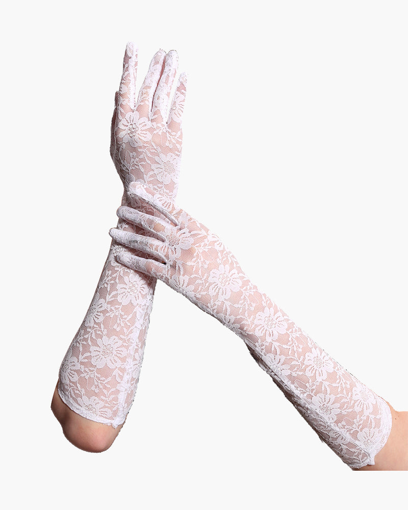 White floral lace gloves, long and elegant, perfect for adding a touch of mystery to any outfit.