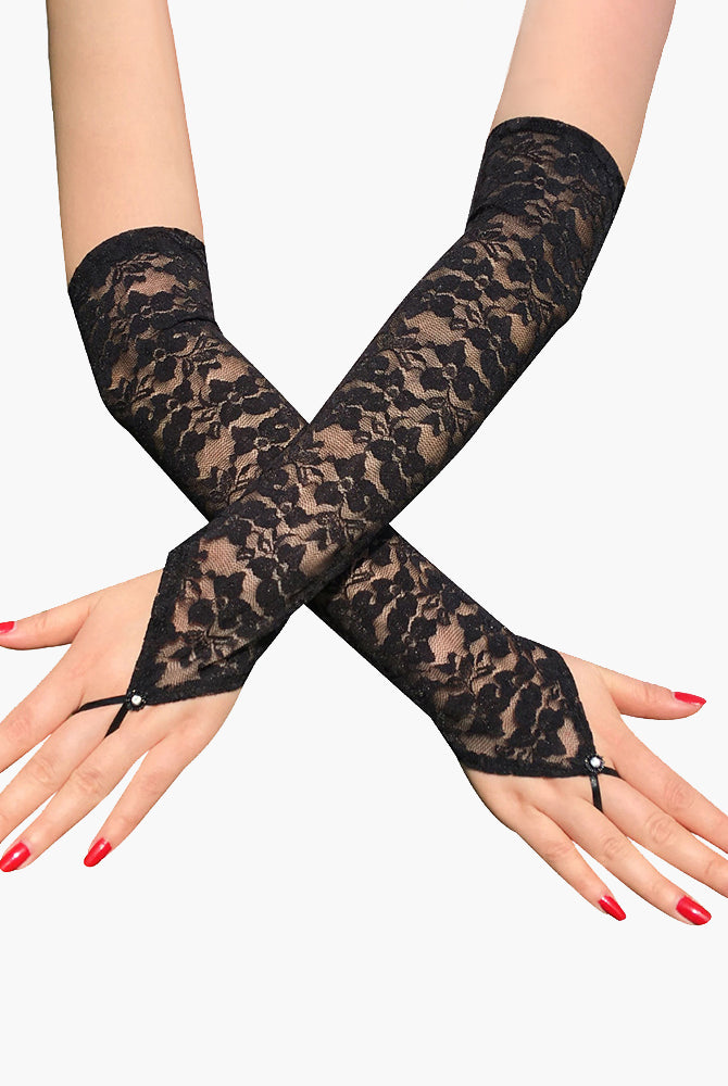 Elegant black lace fingerless gloves with floral pattern, perfect for adding a touch of mystery.