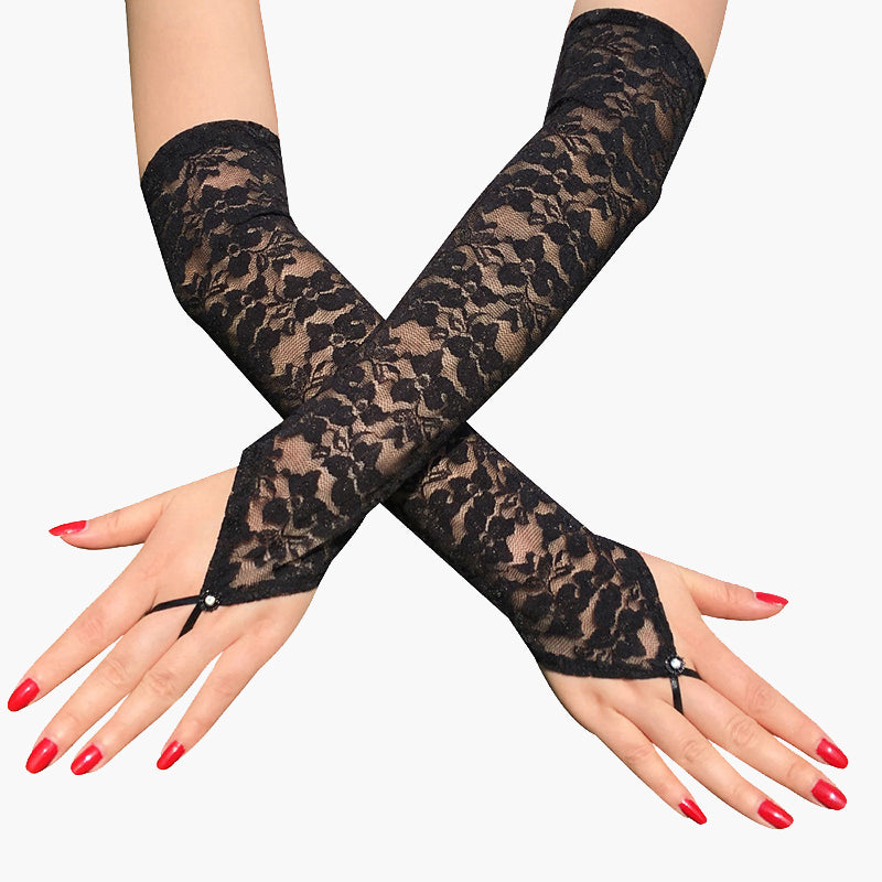 Elegant black lace fingerless gloves with floral pattern, perfect for adding a touch of mystery.