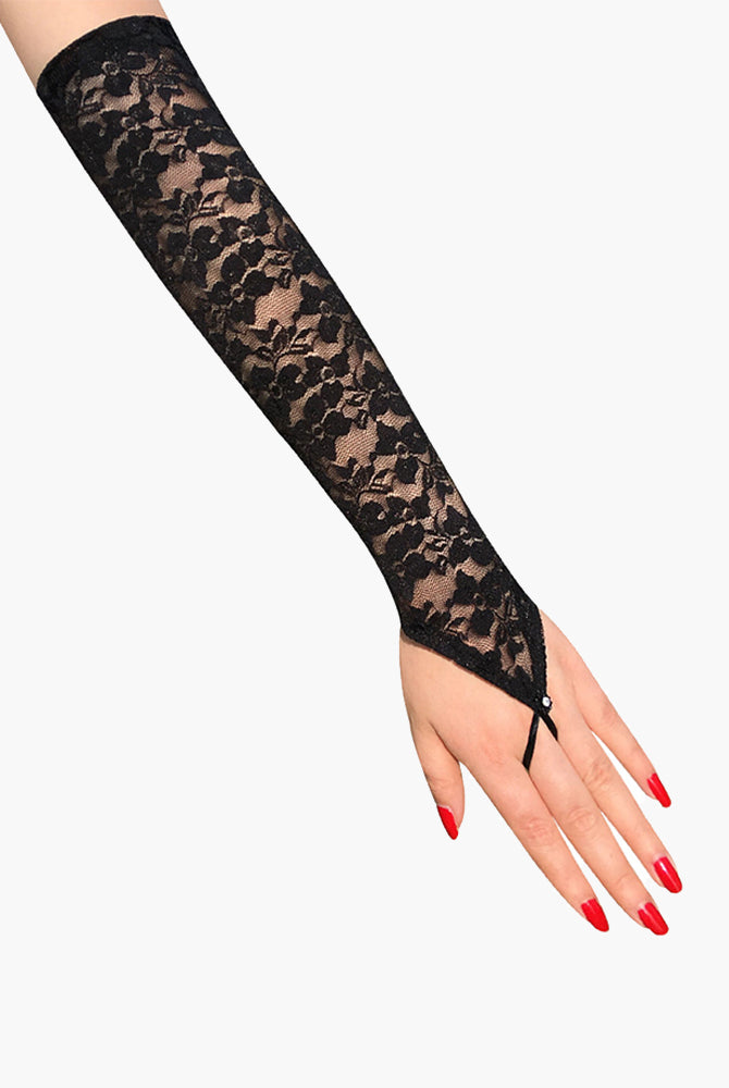 Elegant black lace fingerless gloves with floral pattern, adding a touch of mystery and style.