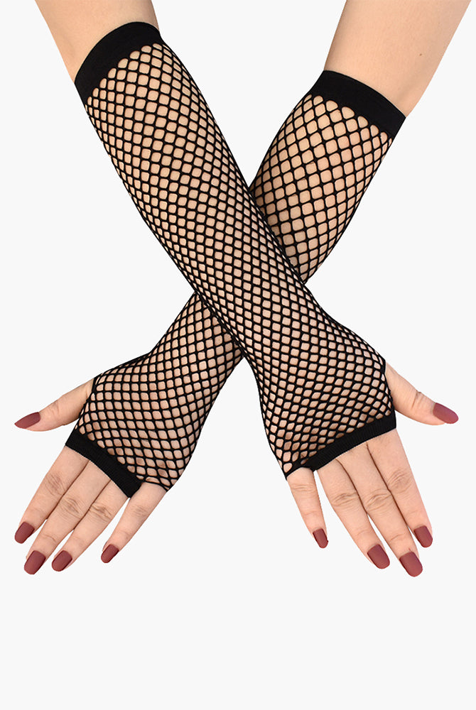 Black fishnet fingerless gloves, adding a sense of mystery, perfect for matching outfits.
