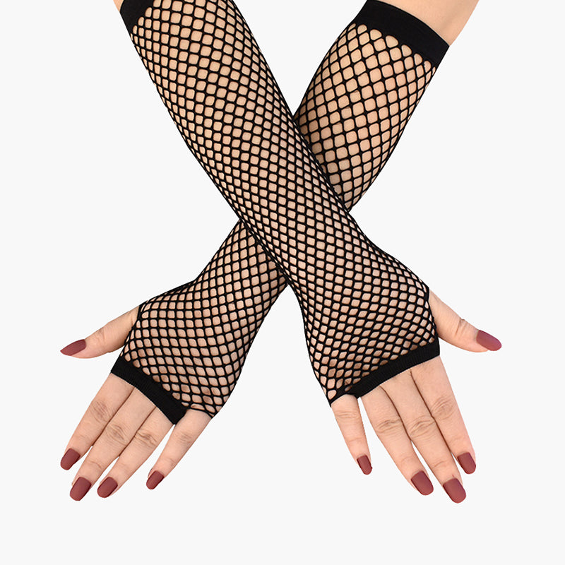 Black fishnet fingerless gloves, adding a sense of mystery, perfect for matching outfits.