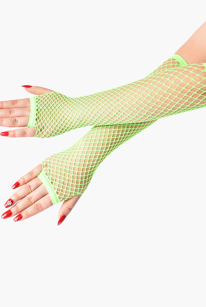 Neon green fishnet fingerless gloves, perfect for adding a touch of mystery to any outfit.