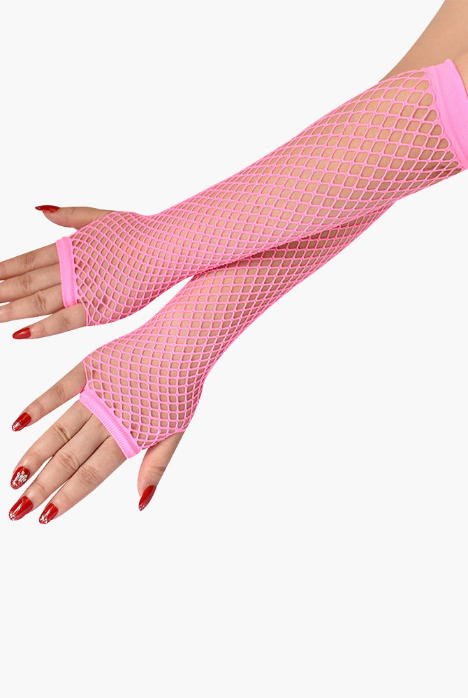 Pink fishnet fingerless gloves, mesh pattern, perfect for adding a touch of mystery to any outfit