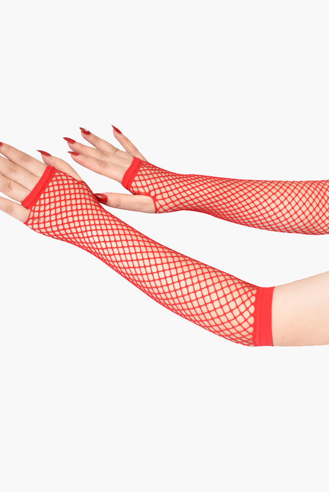 Red fishnet fingerless gloves, perfect for adding a touch of mystery to any outfit.
