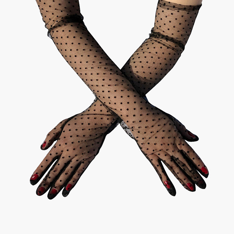 Elegant black lace polka dot gloves, adding a touch of mystery and style to any outfit.