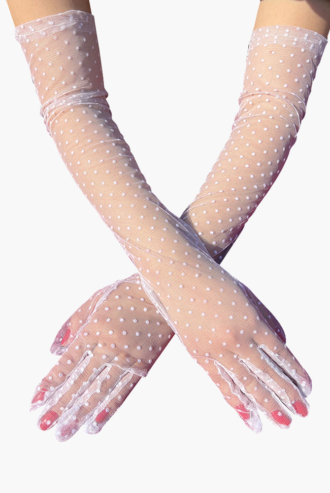 Retro polka dot gloves in sheer mesh with lace trim, adding elegance and style to any outfit.