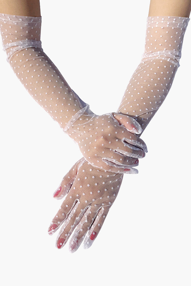 Retro polka dot gloves, beige mesh, elegant design, perfect for adding mystery to your outfit.