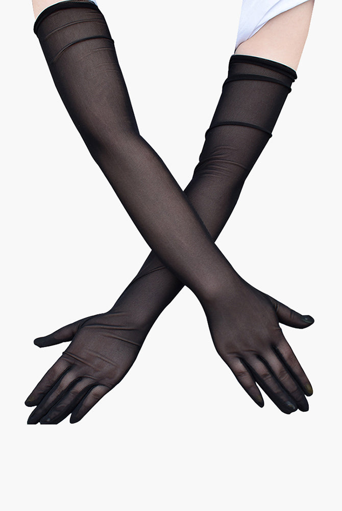 Black sheer elbow-length gloves. Adds elegance and mystery to any outfit.