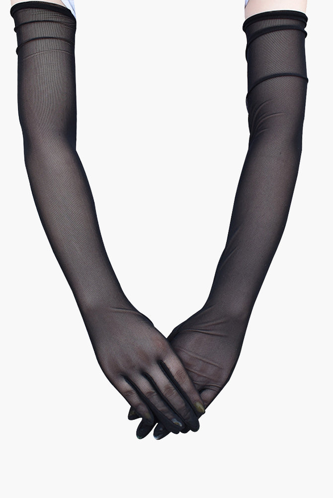 Elbow-length black sheer gloves. Adds elegance and mystery. Soft, stretchy, and breathable.