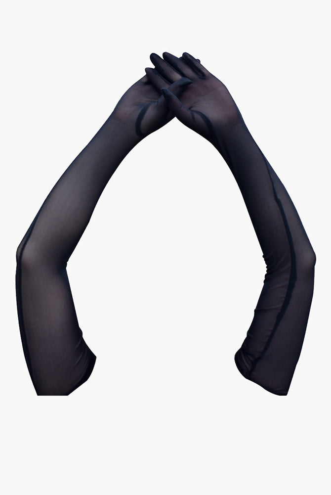 Black sheer elbow-length gloves, adding elegance and mystery to any outfit.