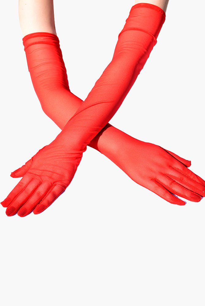 Red sheer elbow-length gloves. Adds elegance and mystery. Soft, stretchy, and breathable.