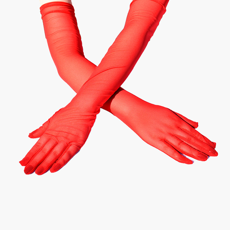 Red sheer elbow-length gloves. Adds elegance and mystery. Soft, stretchy, and breathable.