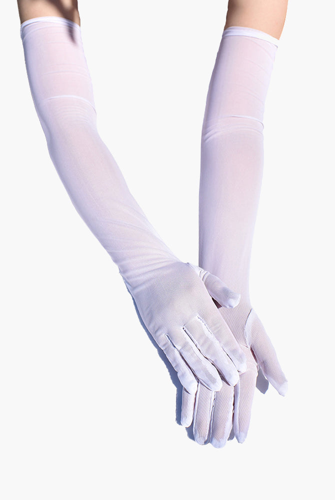 White sheer elbow-length gloves. Adds elegance and mystery. Soft, stretchy, and breathable.
