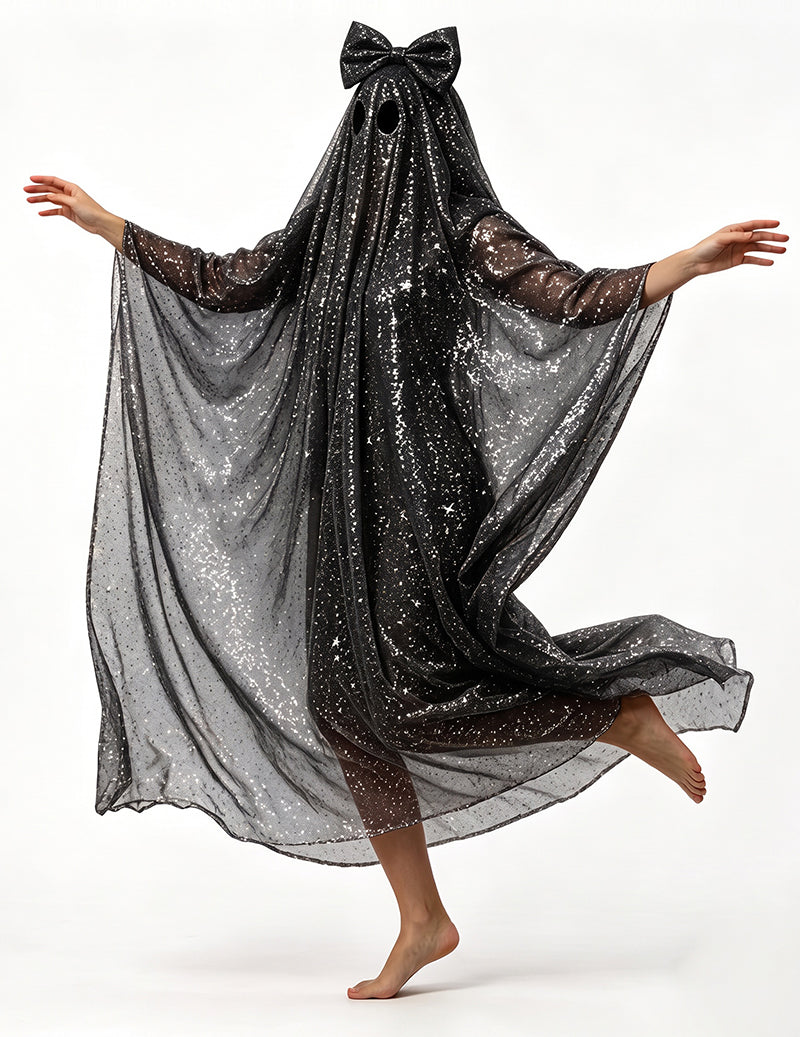 Black sequin ghost cape with large bow at the hood, flowing wide drape poncho