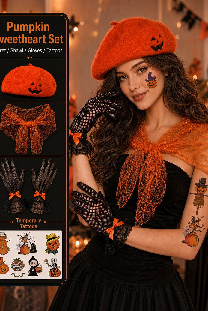 Orange Halloween beret with jack-o'-lantern patch, black mesh gloves, tattoo set included