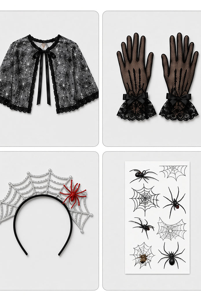 Black lace spider capelet, black mesh gloves, silver spider headband, temporary tattoo sheet