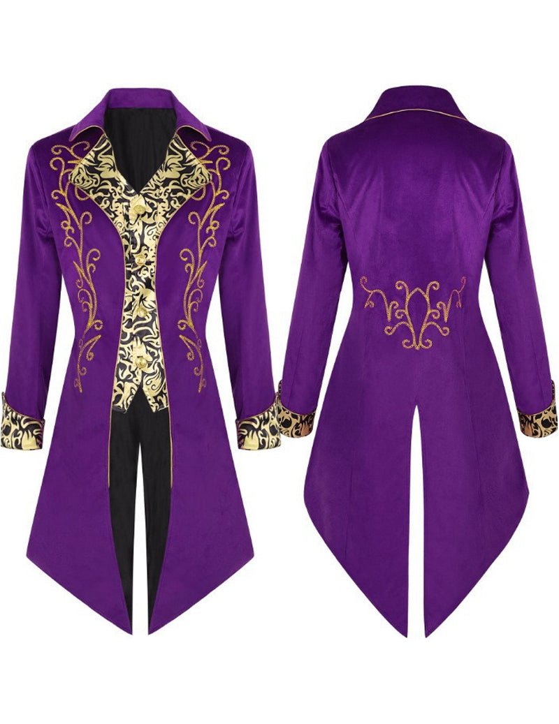 Men's imperial purple tailcoat jacket, front and back with gold ornate foil print