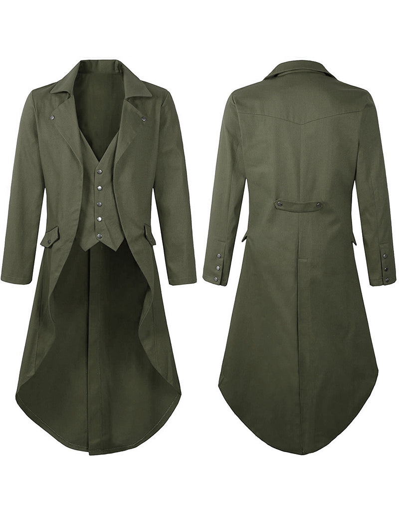 Men's Victorian steampunk tailcoat costume jacket, army green, front and back views