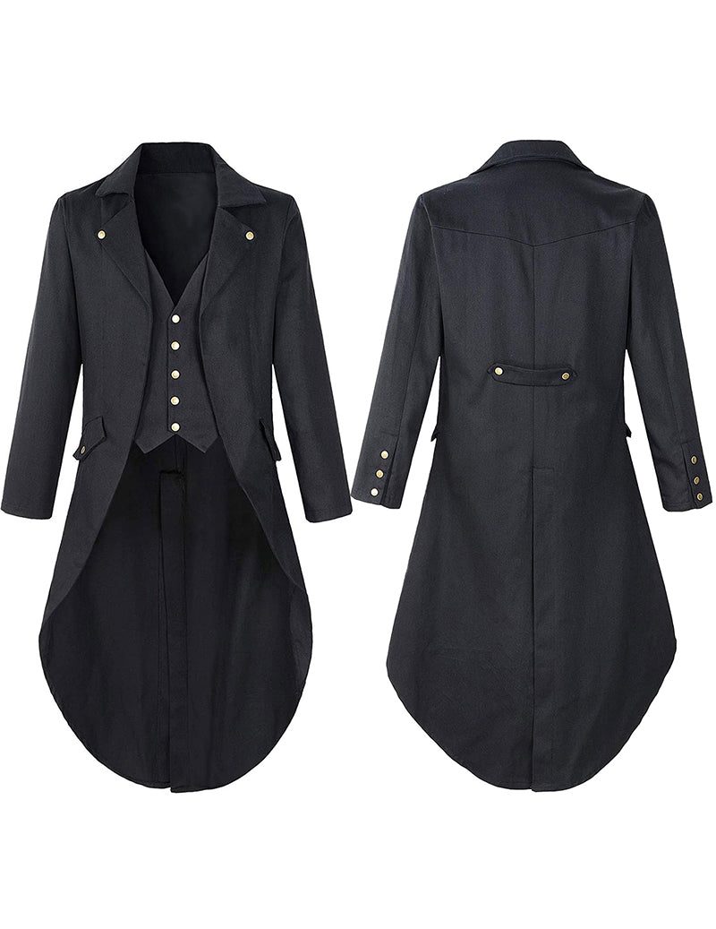 Men's Victorian steampunk tailcoat costume jacket, black, front and back views