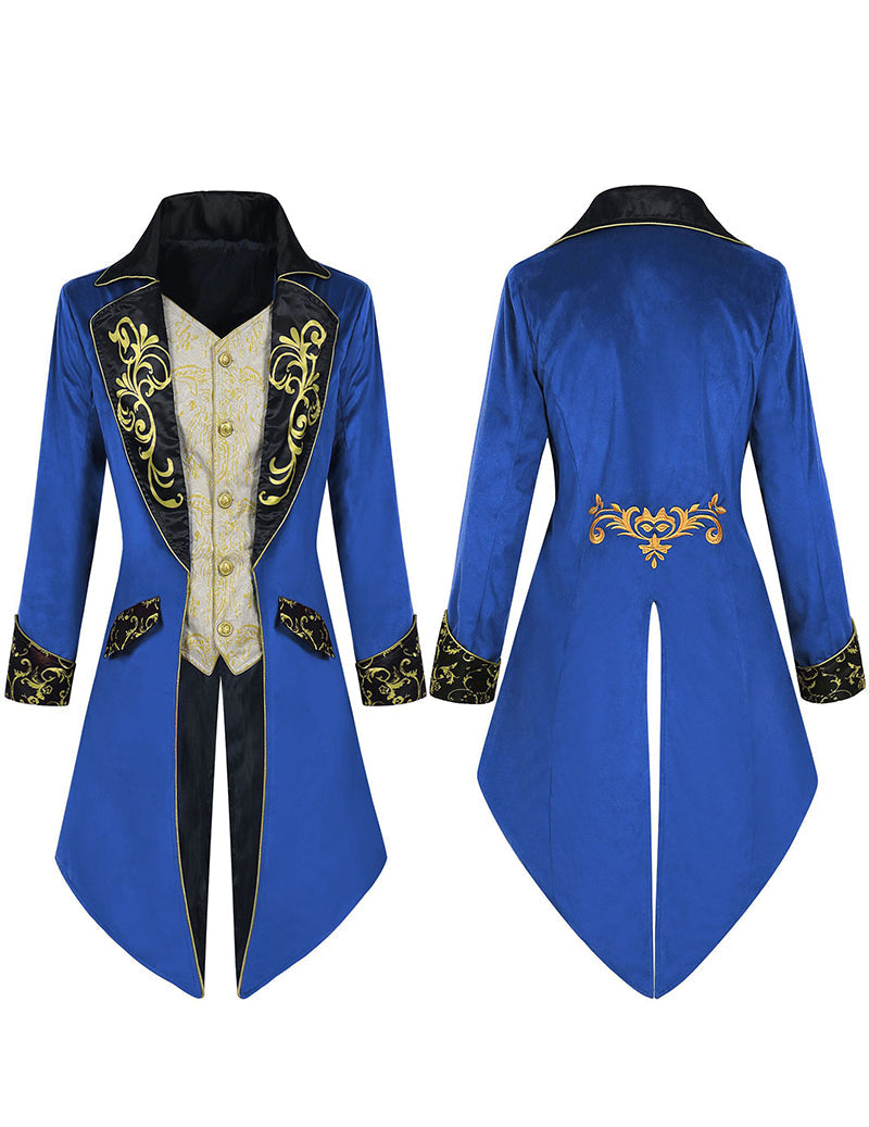Men's tailcoat jacket, royal blue with gold scroll back emblem and yellow trim