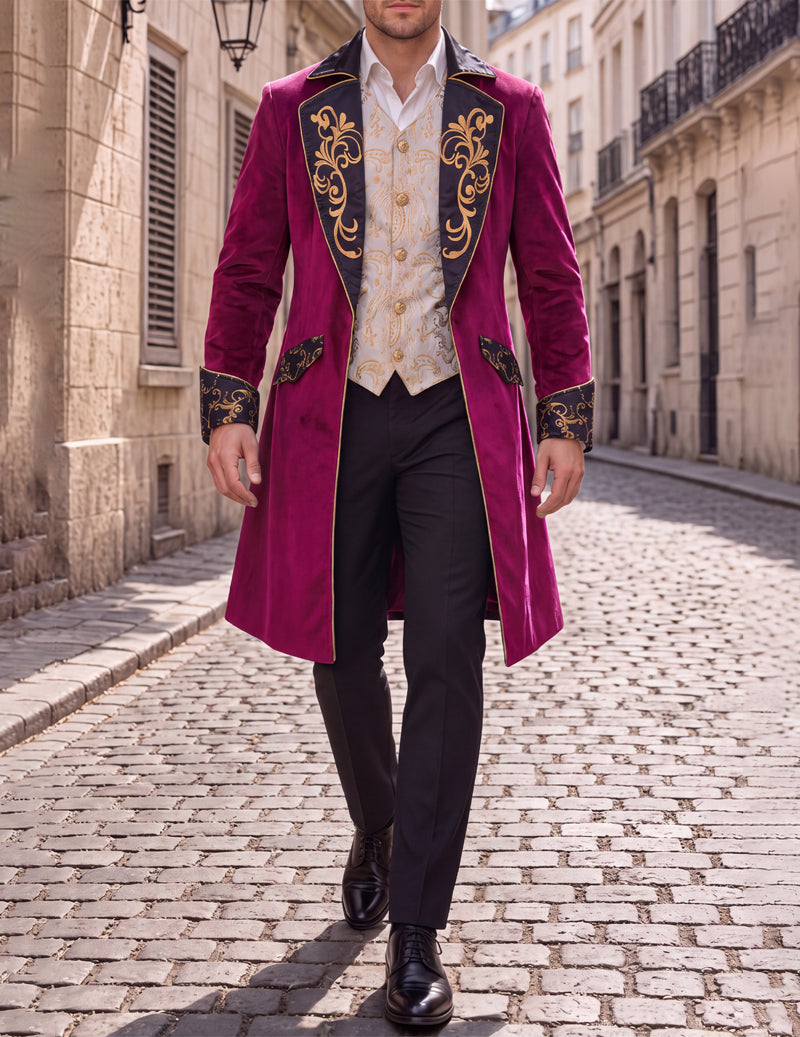 Men's tailcoat jacket, burgundy with gold scroll embroidery and patterned sleeve cuffs