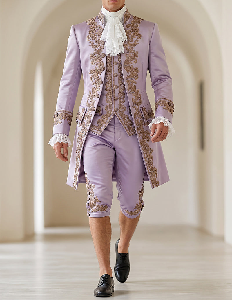 Men's baroque prince costume set in lavender: embroidered long coat, vest, knee pants with lace cuffs