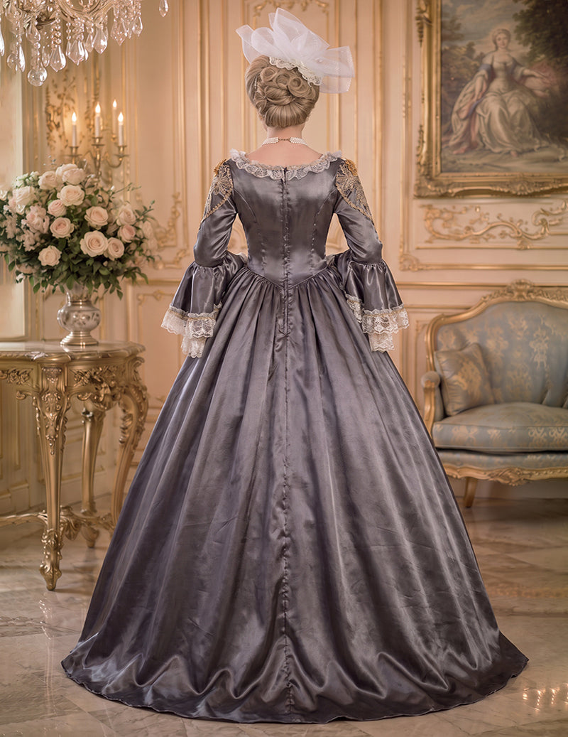 Charcoal gray medieval court gown with lace trim sleeves and embroidered bodice