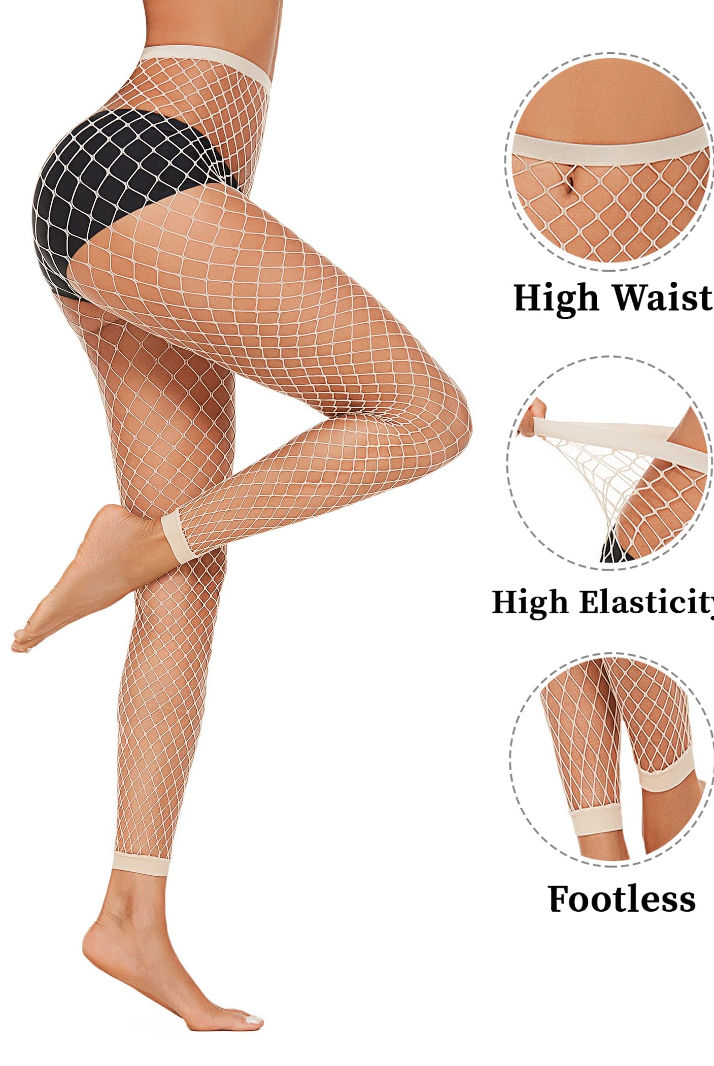 Avidlove off-white fishnet stockings, high waist, footless, sexy lingerie for women