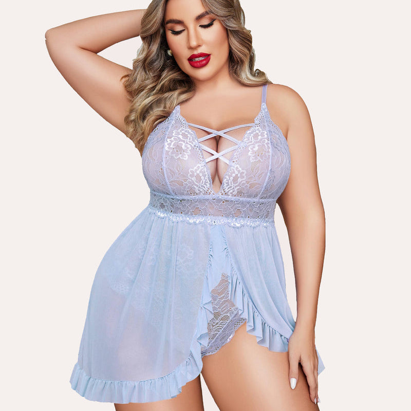 Plus Size Light Blue Lace Babydoll with Criss-cross Straps, Mesh Overlay, and Ruffle Hem