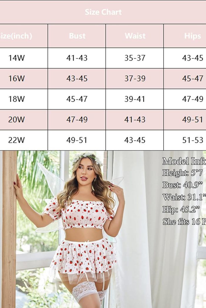 Strawberry Print Plus Size Lingerie Set - Off Shoulder, Garter Skirt, Honeymoon. Includes Size Chart