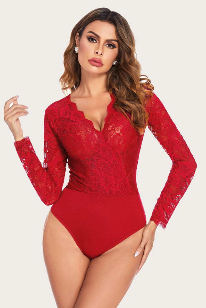 Red lace bodysuit with deep V-neck and long sleeves; sexy lingerie for women; snap crotch design