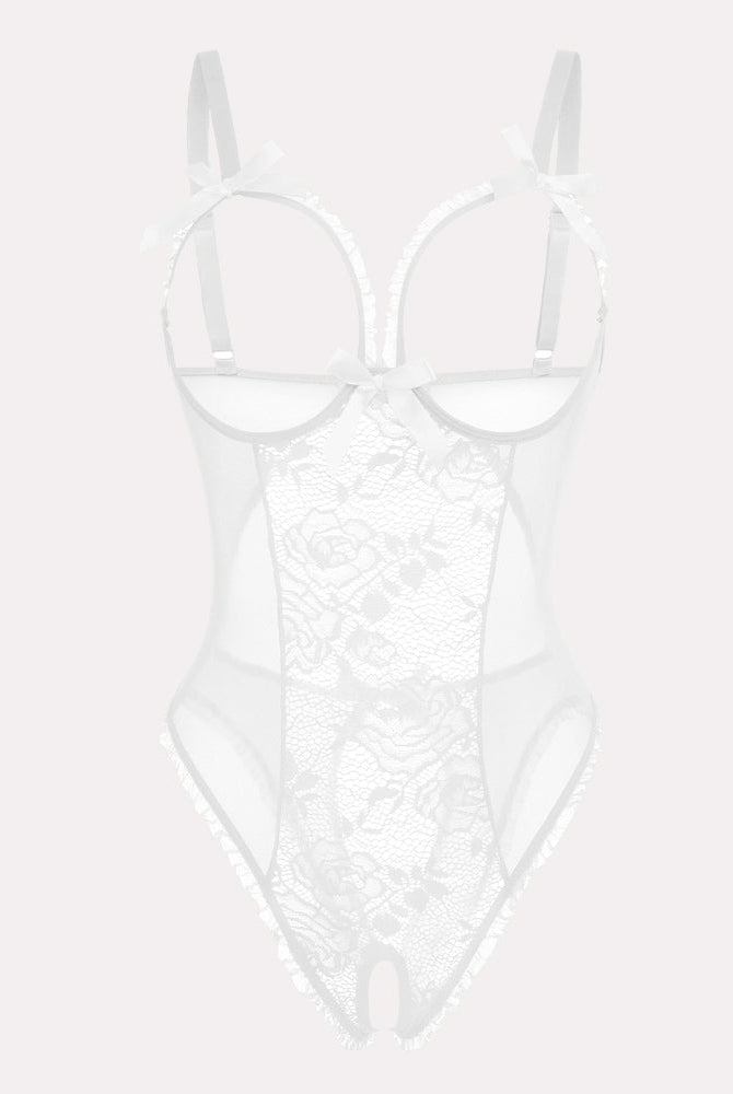 White floral lace bodysuit with cutout, adjustable straps, and crotchless design for sexy lingerie.
