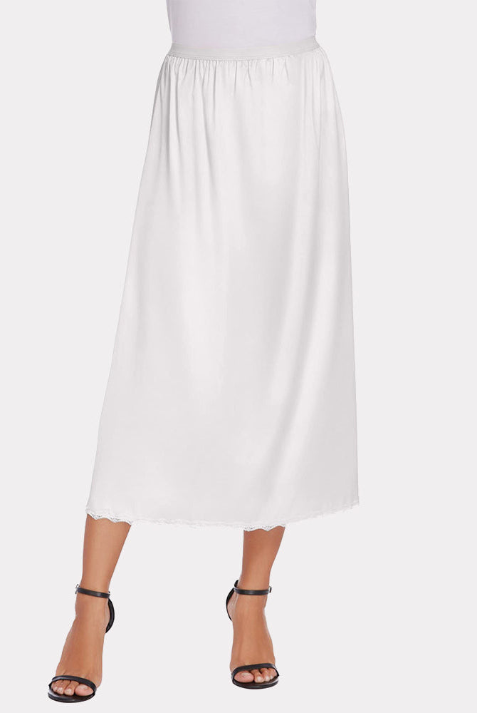 White satin half slip long underskirt with lace trim, perfect for layering or wearing alone