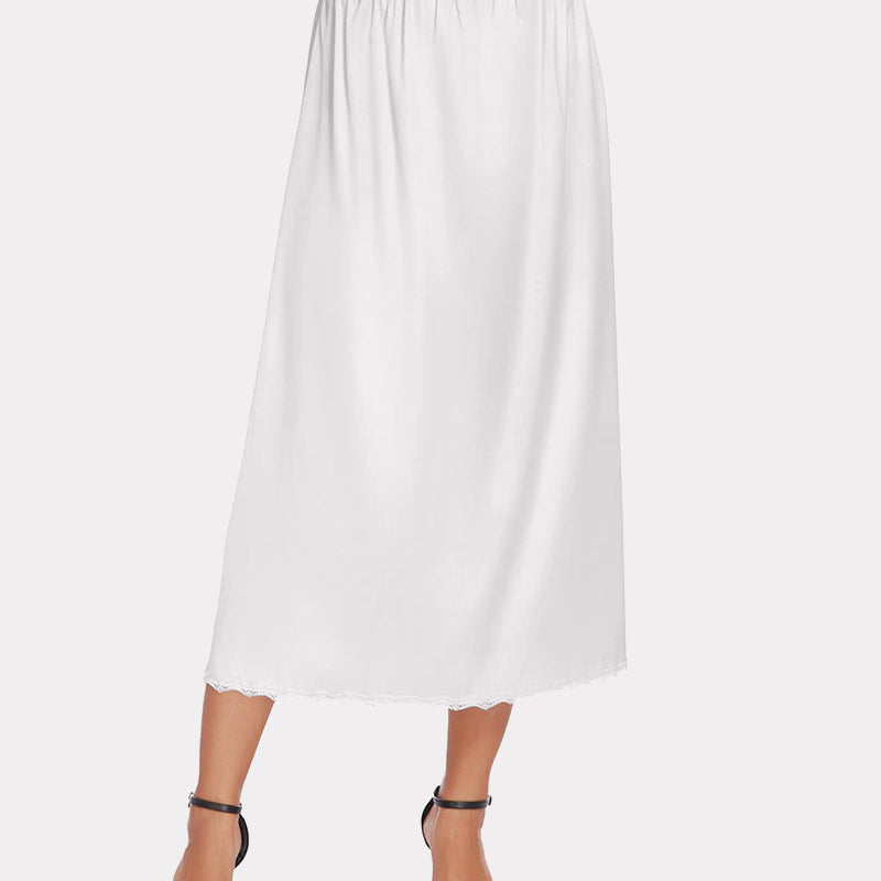 White satin half slip long underskirt with lace trim, perfect for layering or wearing alone