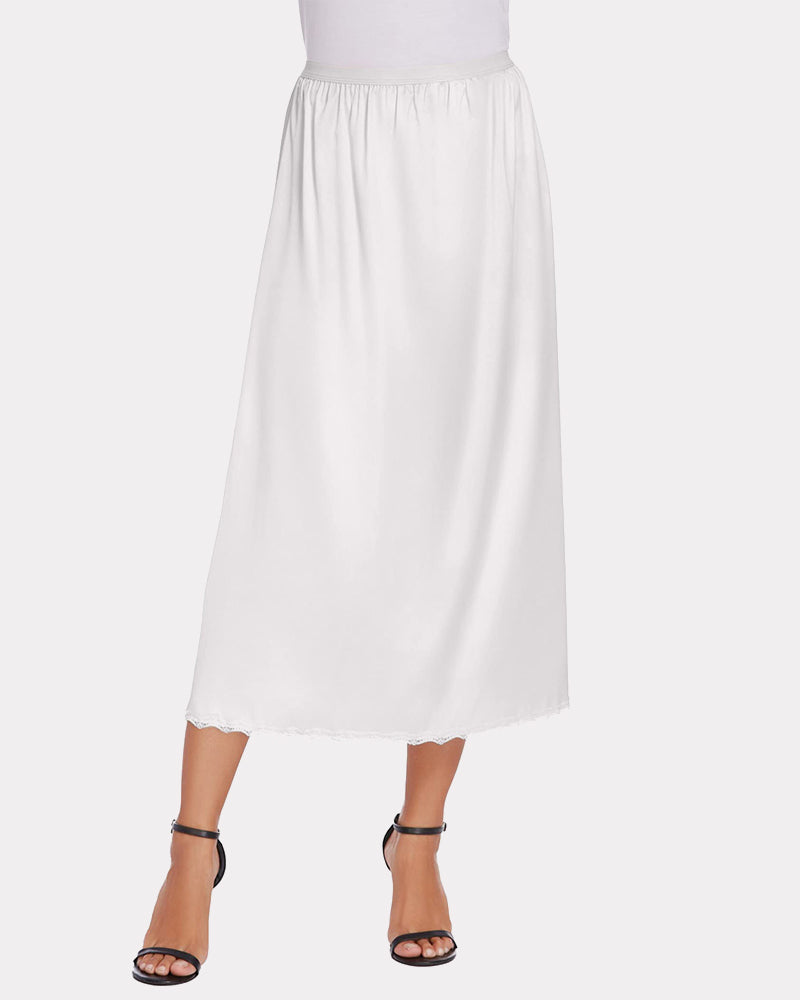 White satin half slip long underskirt with lace trim, perfect for layering or wearing alone