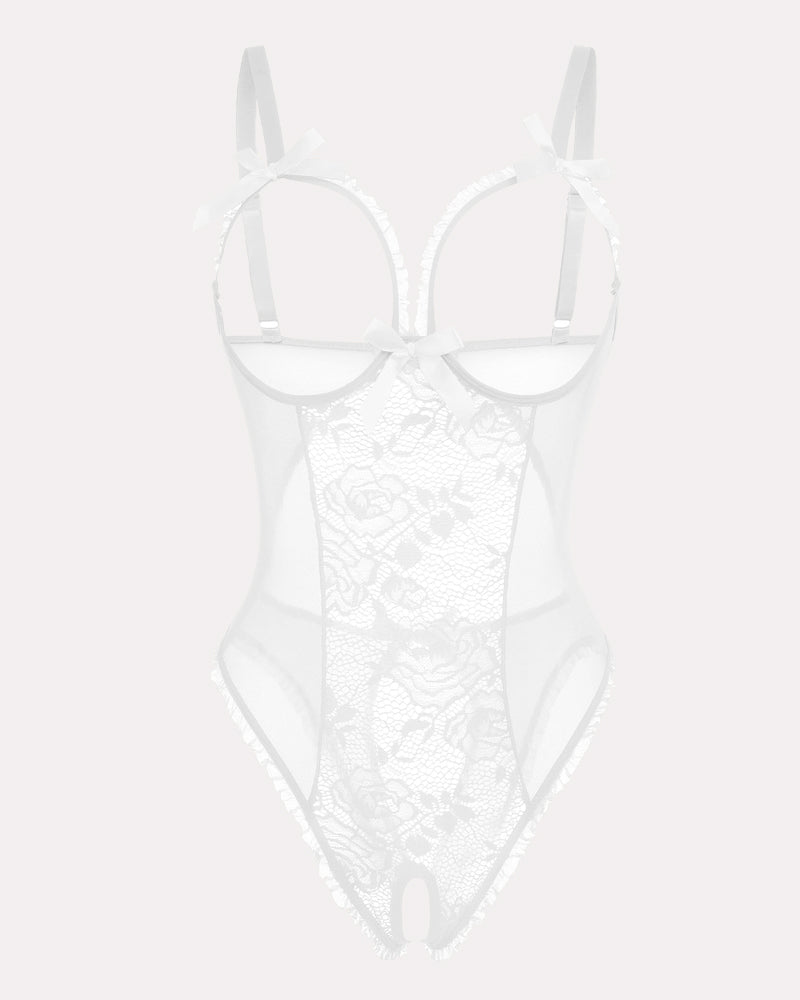 White floral lace mini bodysuit with adjustable straps, cutout back, crotchless, and bow accents