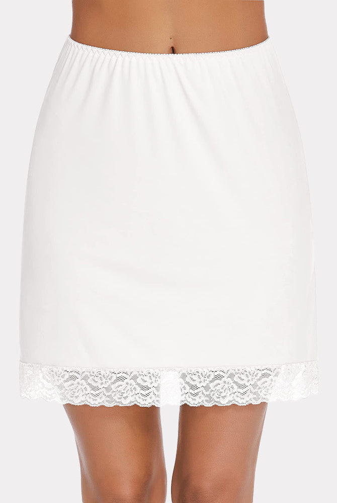 White half slip skirt with lace trim, above knee length. Elastic waist, comfortable lingerie.