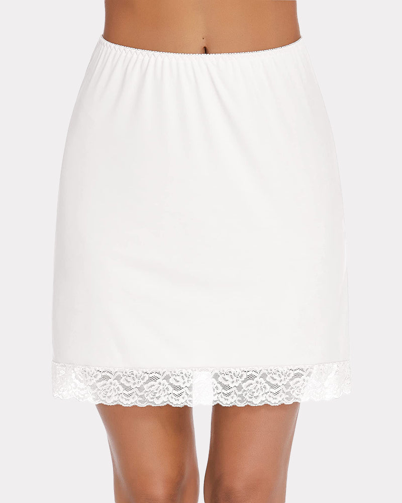 White half slip skirt with lace trim, above knee length. Elastic waist, comfortable lingerie.