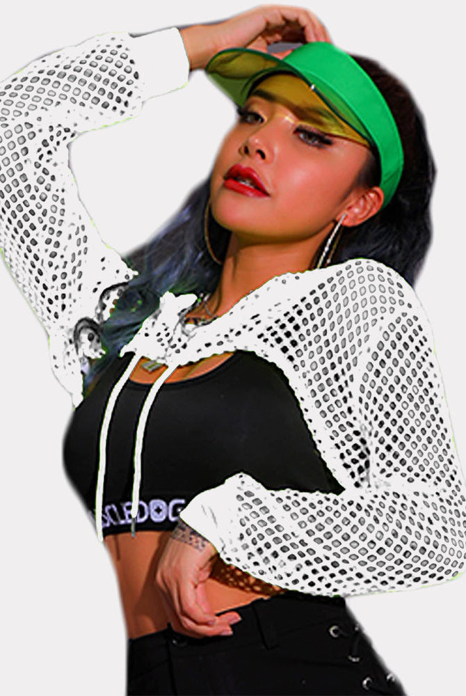 White mesh fishnet hoodie crop top with black bra and visor. Sexy lingerie for confident women.