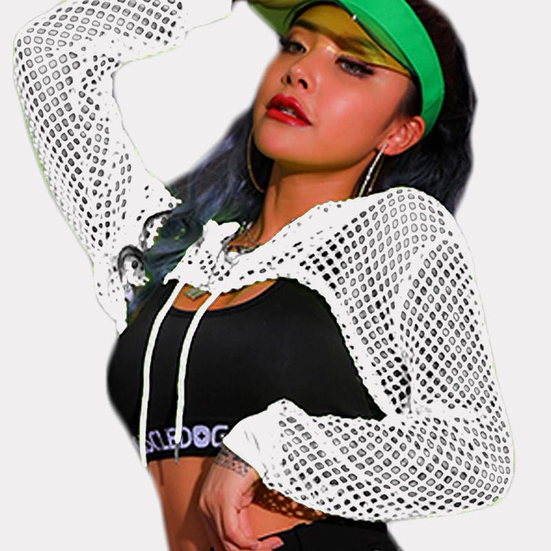 White mesh fishnet hoodie crop top with black bra and visor. Sexy lingerie for confident women.
