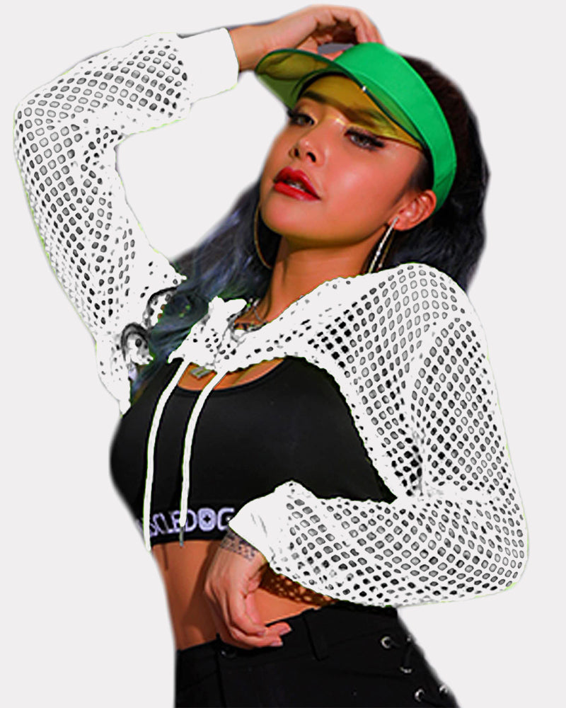 White mesh fishnet hoodie crop top with black bra and visor. Sexy lingerie for confident women.