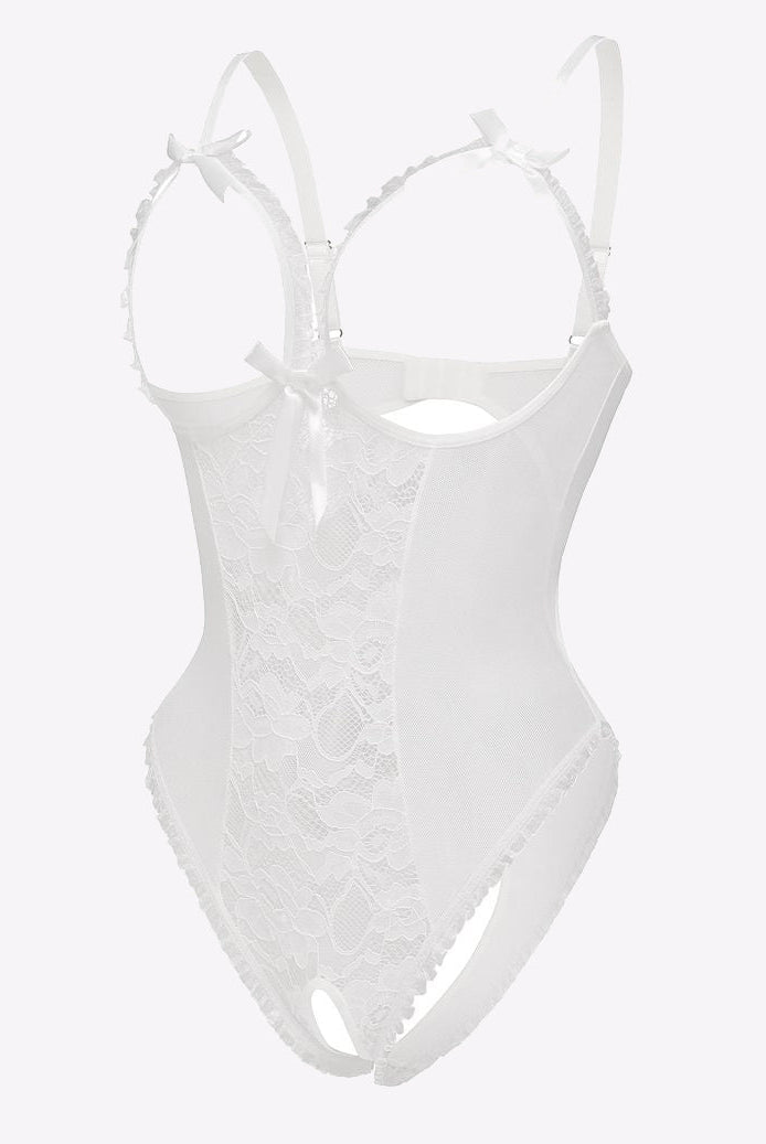 White lace bodysuit with adjustable straps, backless, and lace details. Sexy lingerie.