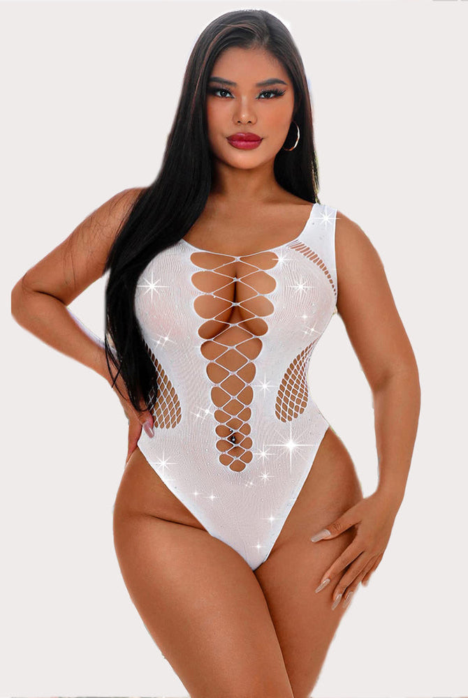 White mesh fishnet rhinestone bodysuit with lace-up detail. Sexy lingerie for women, super stretchy.