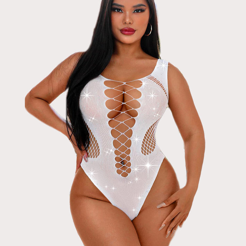 White mesh fishnet rhinestone bodysuit with lace-up detail. Sexy lingerie for women, super stretchy.