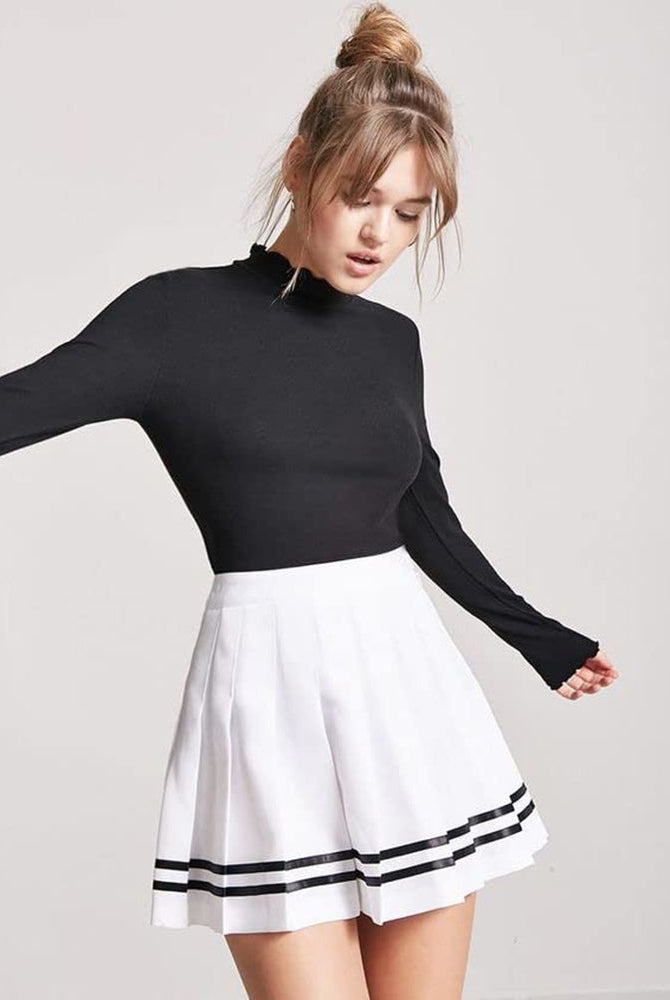 Pleated white mini skirt with black stripes. School uniform style. High waist mini skirt.
