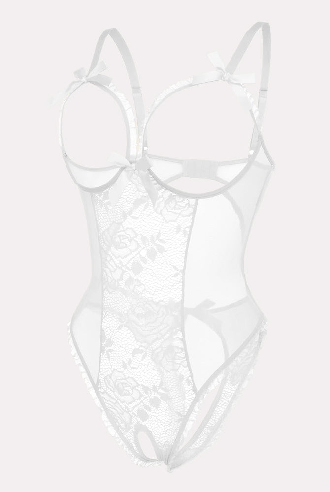 White lace crotchless mini bodysuit with floral lace, cutout bra, and ruffle trim for women.
